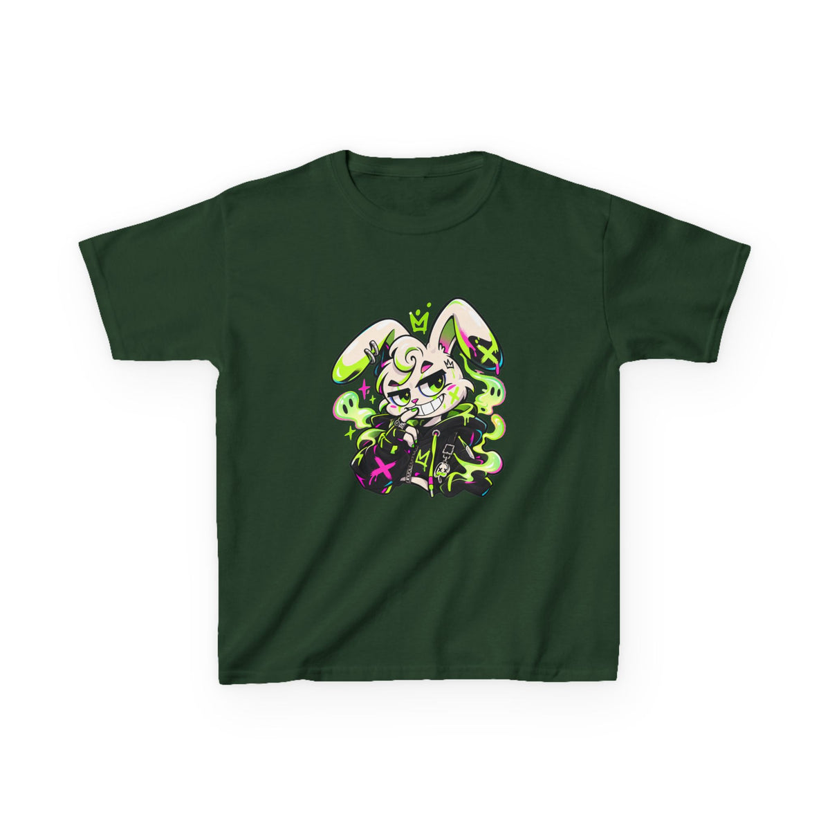 Neon Goth Bunny Kids Heavy Cotton Tee in Forest Green