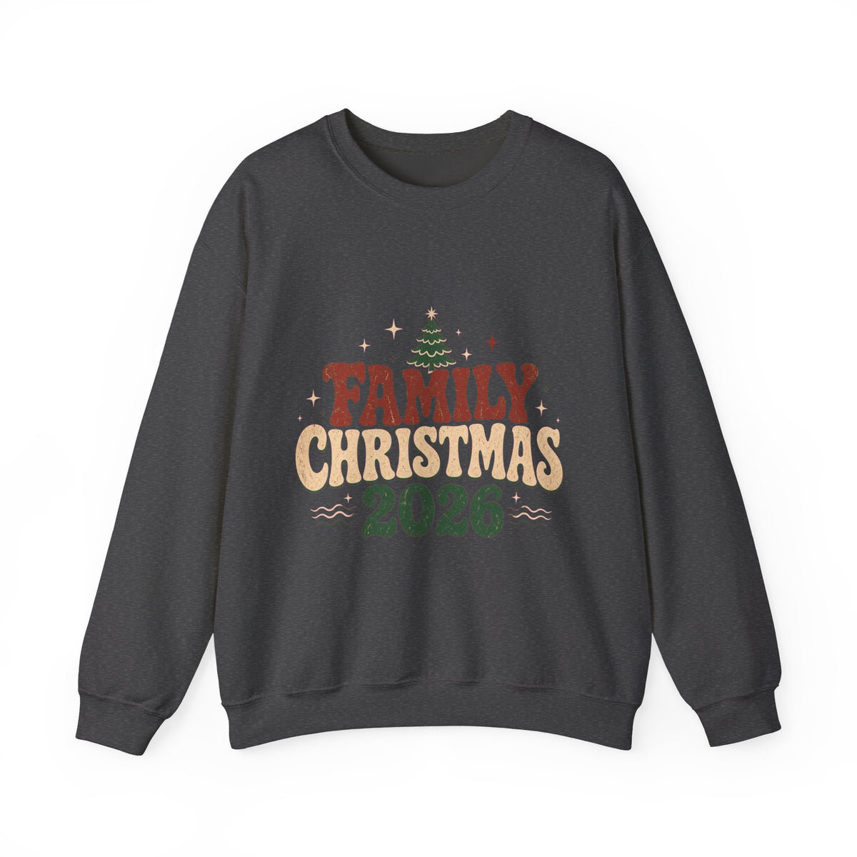Retro Family Christmas 2026 Crewneck Sweatshirt, Dark Heather, front view