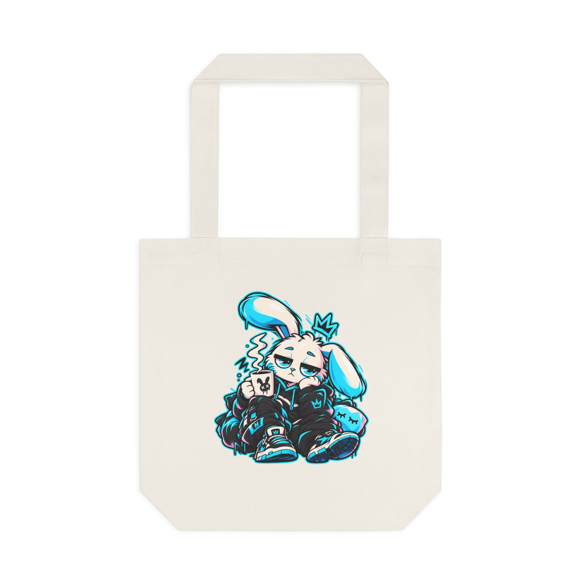 Sleepy Cyber Bunny Coffee Tote Bag in Cream