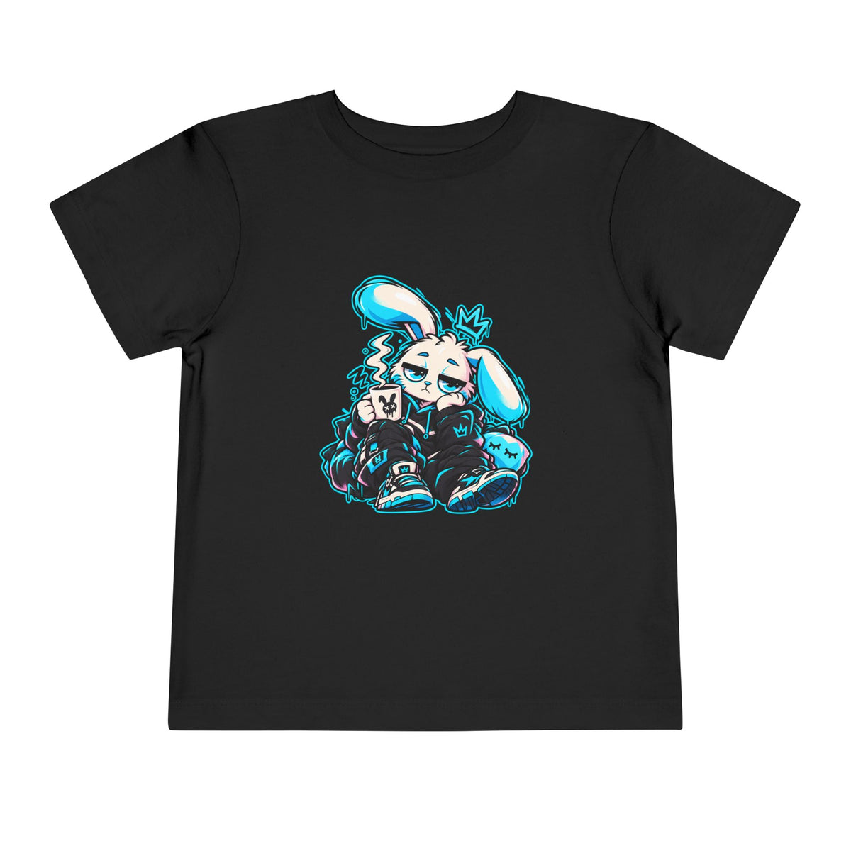 Sleepy Cyber Bunny Toddler Coffee Tee in Black