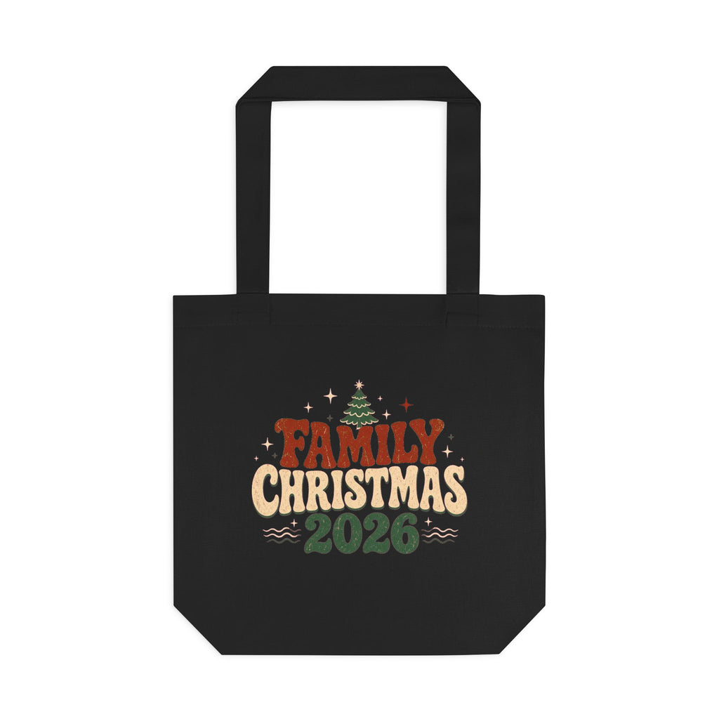 Retro Family Christmas 2026 Cotton Tote Bag in Black
