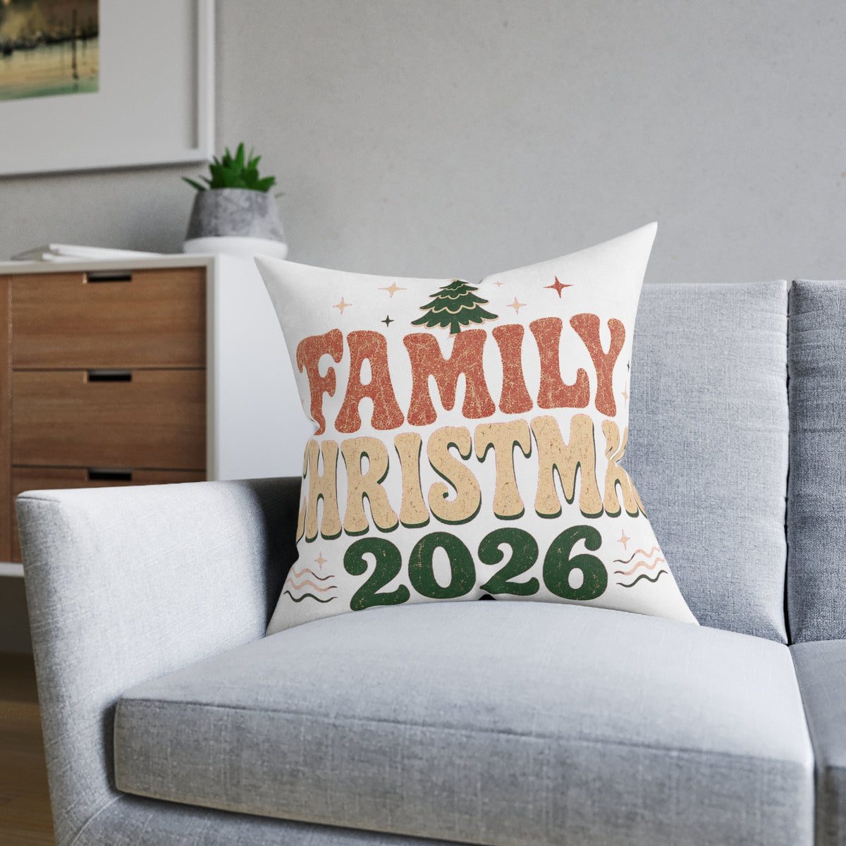 Retro Family Christmas 2026 Square Pillow
