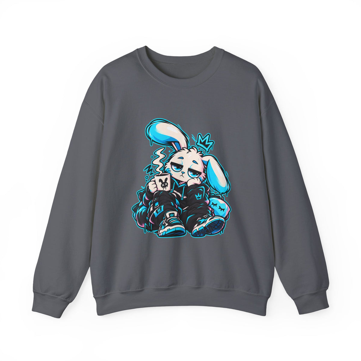 Sleepy Cyber Bunny Coffee Crewneck Sweatshirt in Charcoal