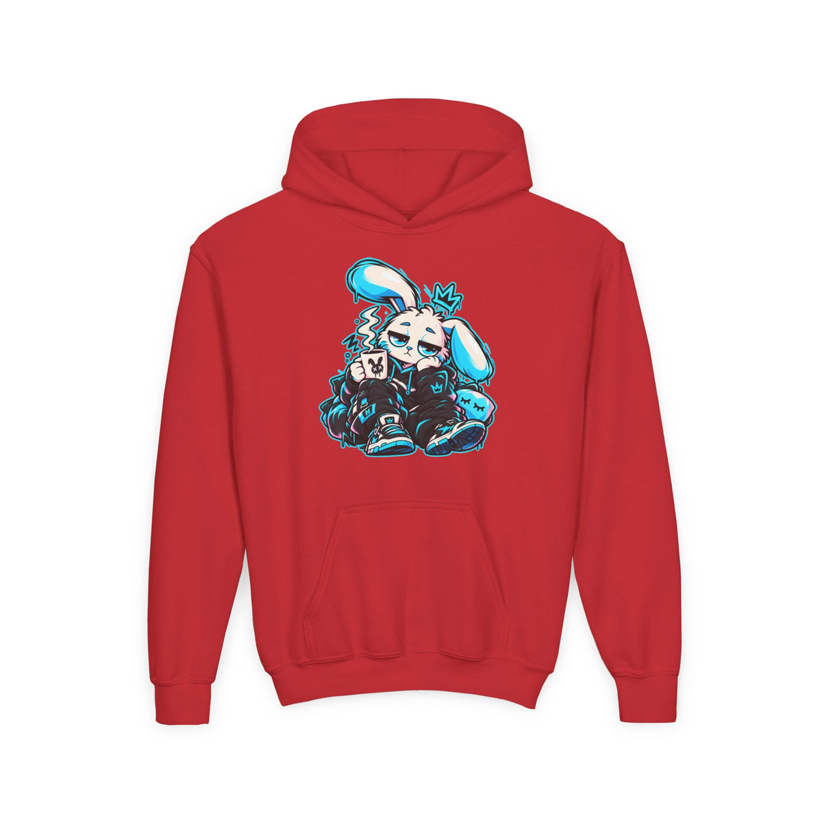 Sleepy Cyber Bunny Kids Coffee Hoodie in Red