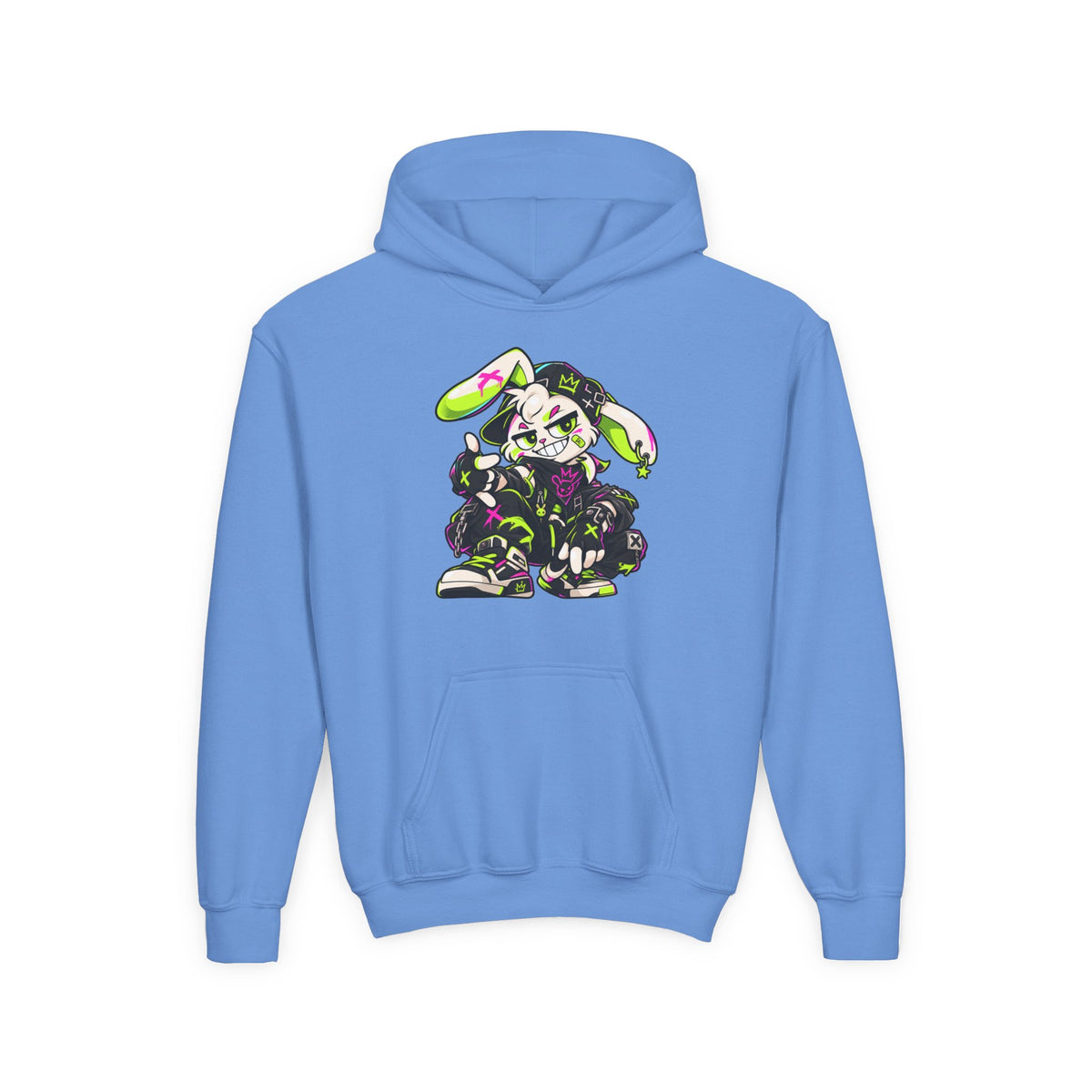 Neon Punk Bunny Kids Hoodie in Carolina Blue