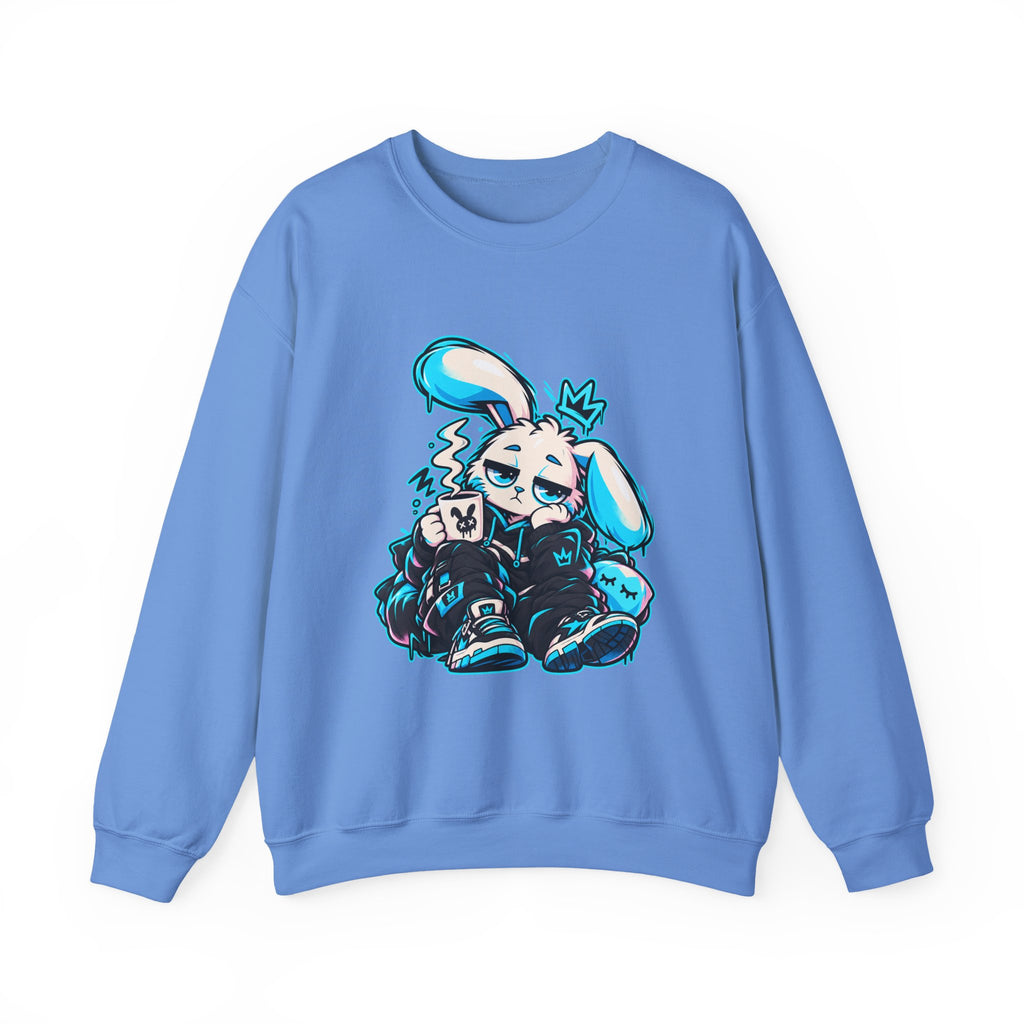 Sleepy Cyber Bunny Coffee Crewneck Sweatshirt in Carolina Blue