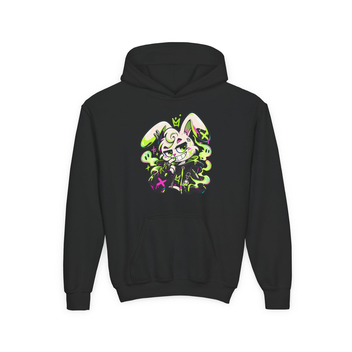 Neon Goth Bunny Kids Hoodie in Black