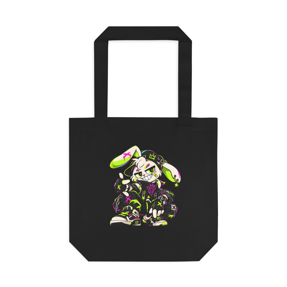 Neon Punk Bunny Cotton Tote Bag in Black