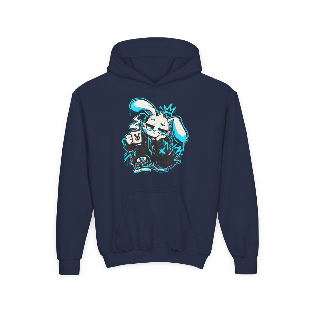 Graffiti Rabbit Coffee Kids Hoodie in Navy