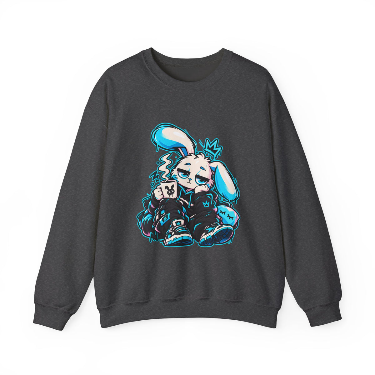 Sleepy Cyber Bunny Coffee Crewneck Sweatshirt in Dark Heather