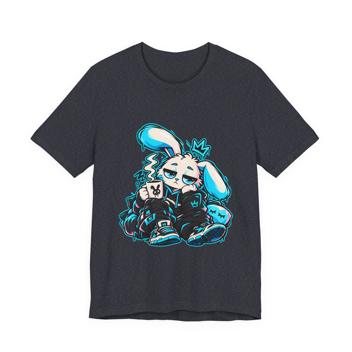 Sleepy Cyber Bunny Coffee Graphic Tee in Heather Navy