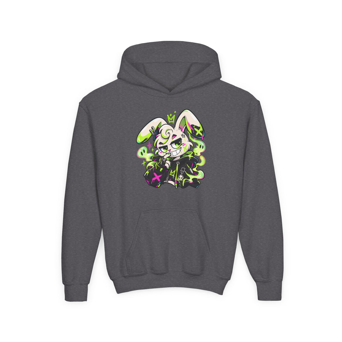 Neon Goth Bunny Kids Hoodie in Dark Heather