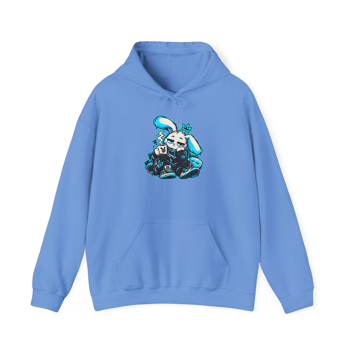 Sleepy Cyber Bunny Coffee Hoodie in Carolina Blue