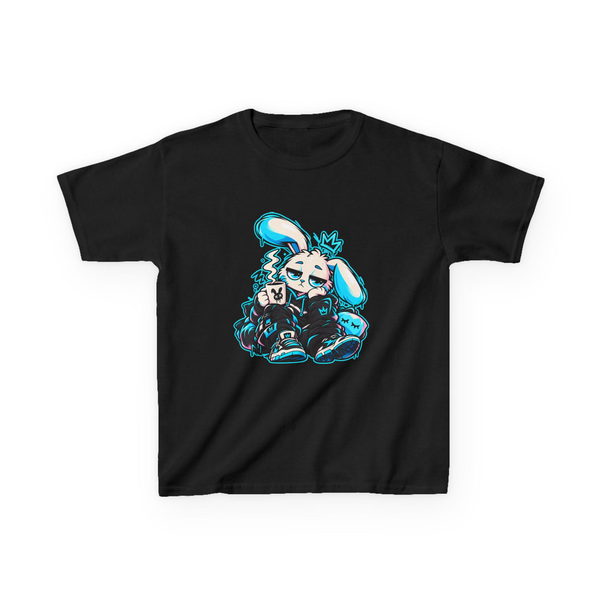 Sleepy Cyber Bunny Kids Coffee Tee in Black