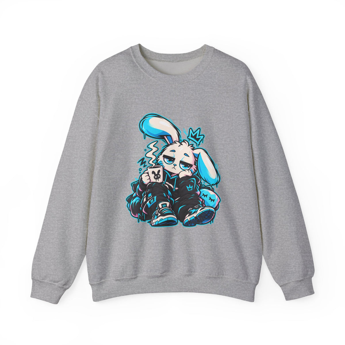 Sleepy Cyber Bunny Coffee Crewneck Sweatshirt in Sport Grey