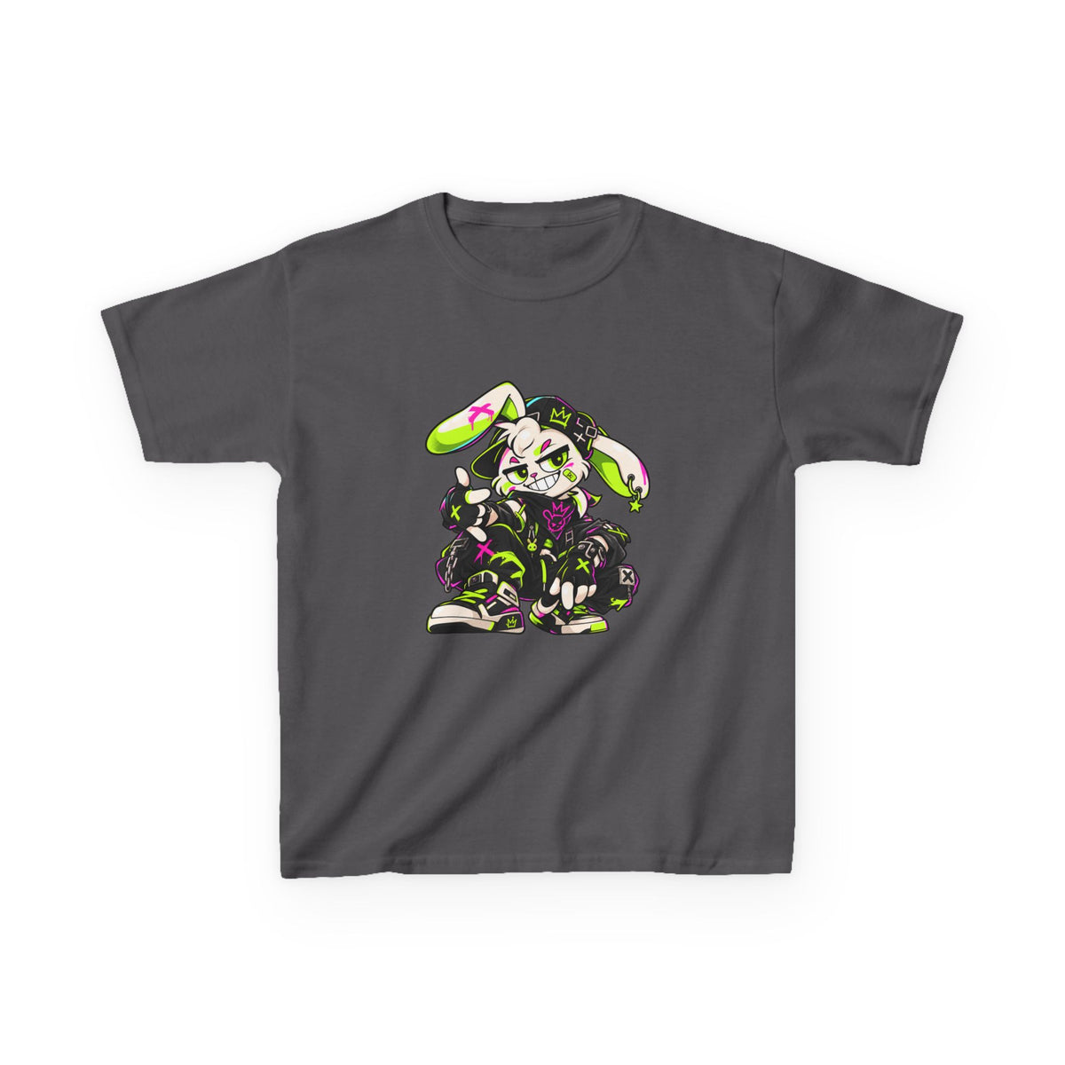 Neon Punk Bunny Kids Heavy Cotton Tee in Charcoal