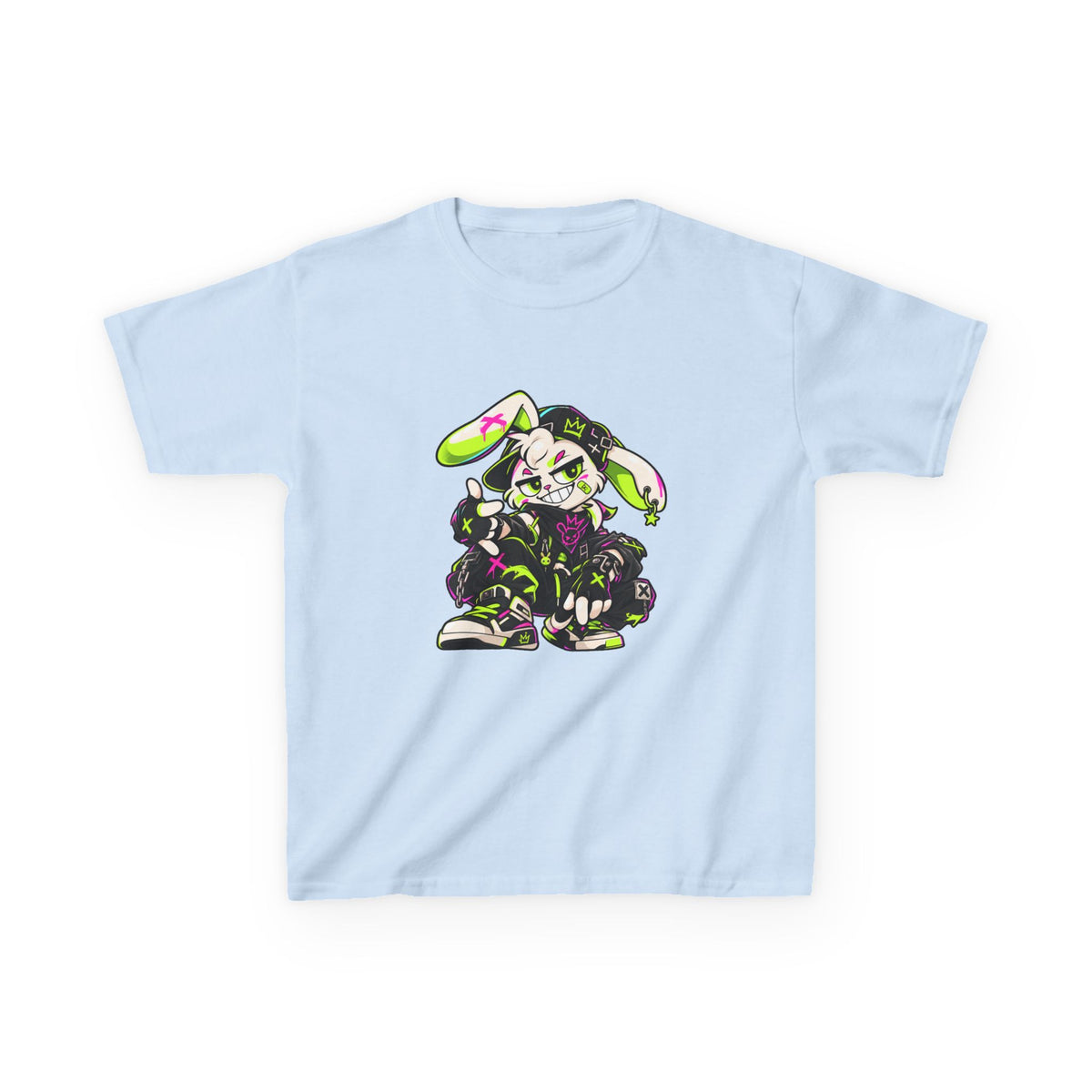 Neon Punk Bunny Kids Heavy Cotton Tee in Light Blue