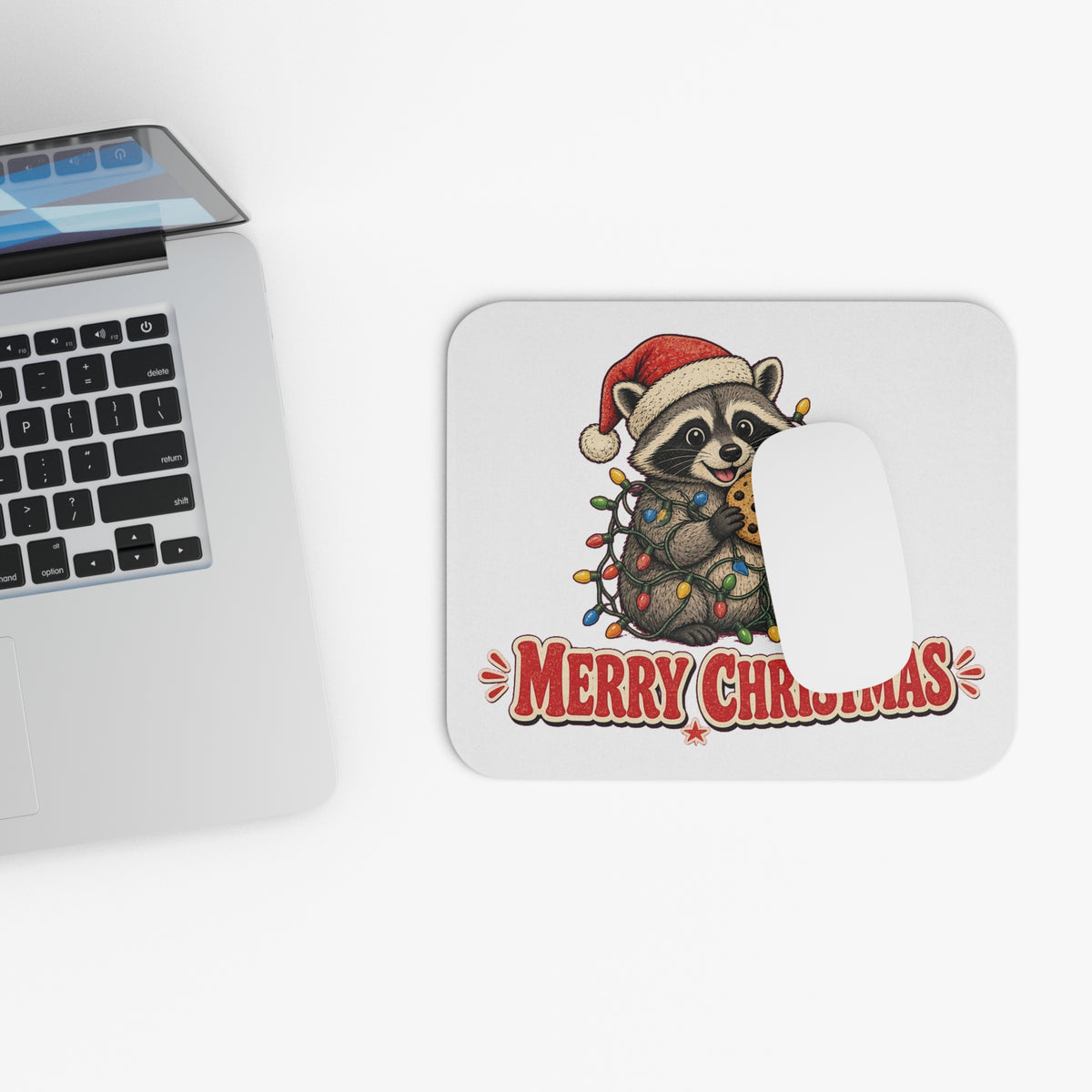Christmas Raccoon Mouse Pad with Cookie and Lights Design