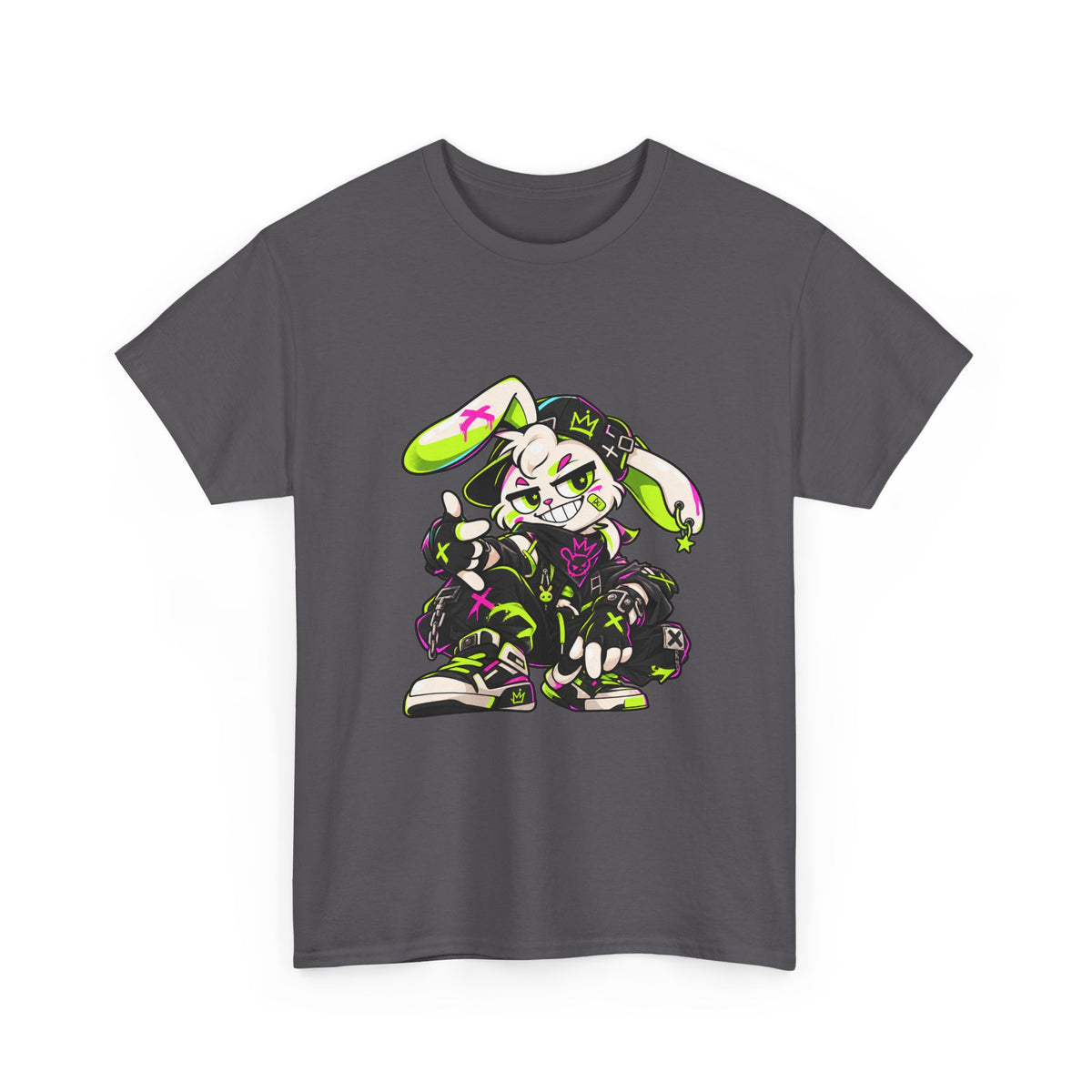 Neon Punk Bunny Heavy Cotton Tee in Charcoal