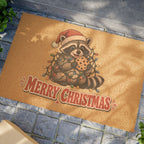 Christmas Raccoon Doormat with Cookie and Lights Design