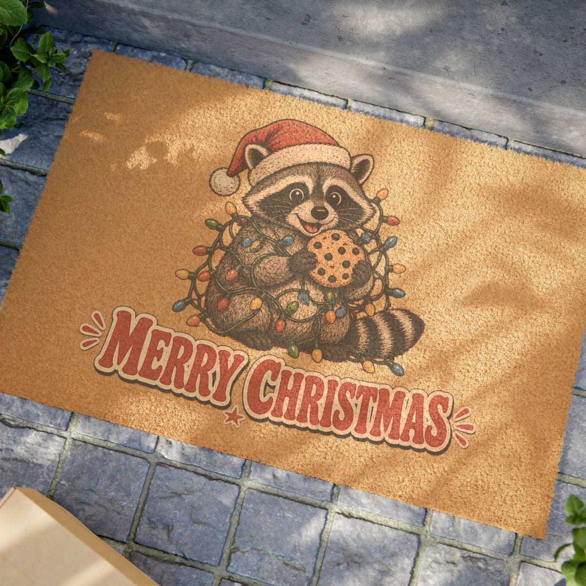 Christmas Raccoon Doormat with Cookie and Lights Design