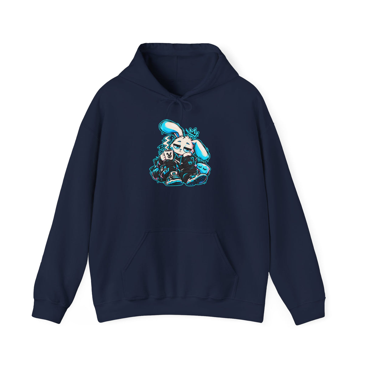 Sleepy Cyber Bunny Coffee Hoodie in Navy