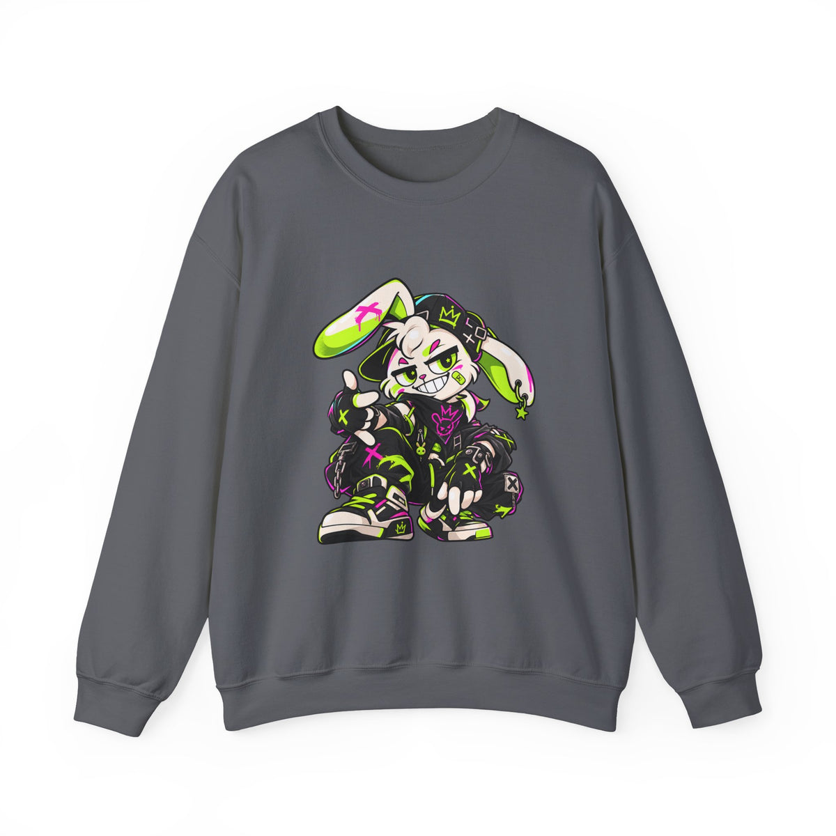 Neon Punk Bunny Crewneck Sweatshirt in Charcoal