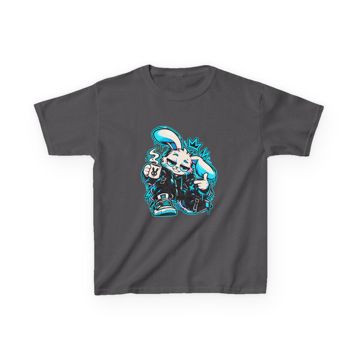 Graffiti Rabbit Coffee Kids Heavy Cotton Tee in Charcoal