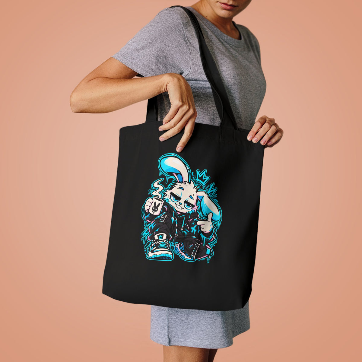Graffiti Rabbit Coffee Cotton Tote Bag