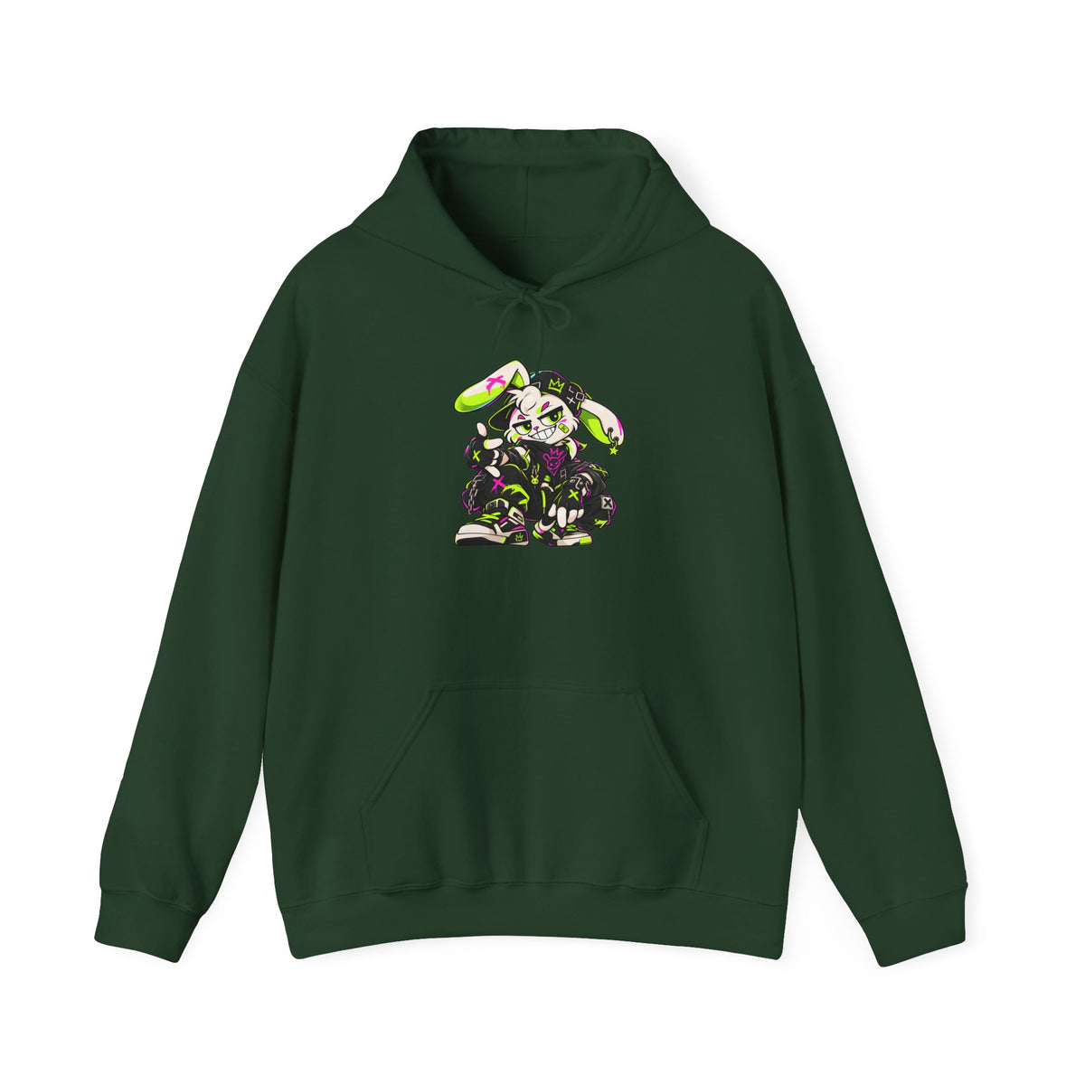 Neon Punk Bunny Hoodie in Forest Green