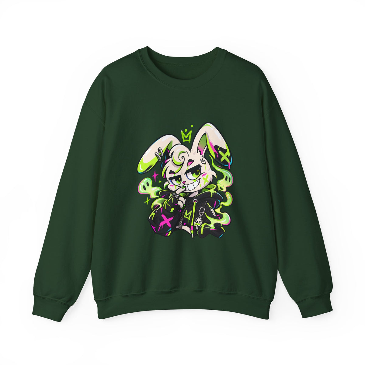 Neon Goth Bunny Crewneck Sweatshirt in Forest Green