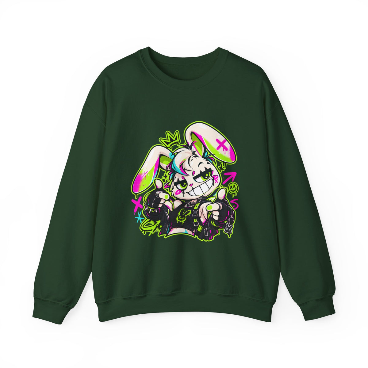 Punk Bunny Graffiti Crewneck Sweatshirt in Forest Green