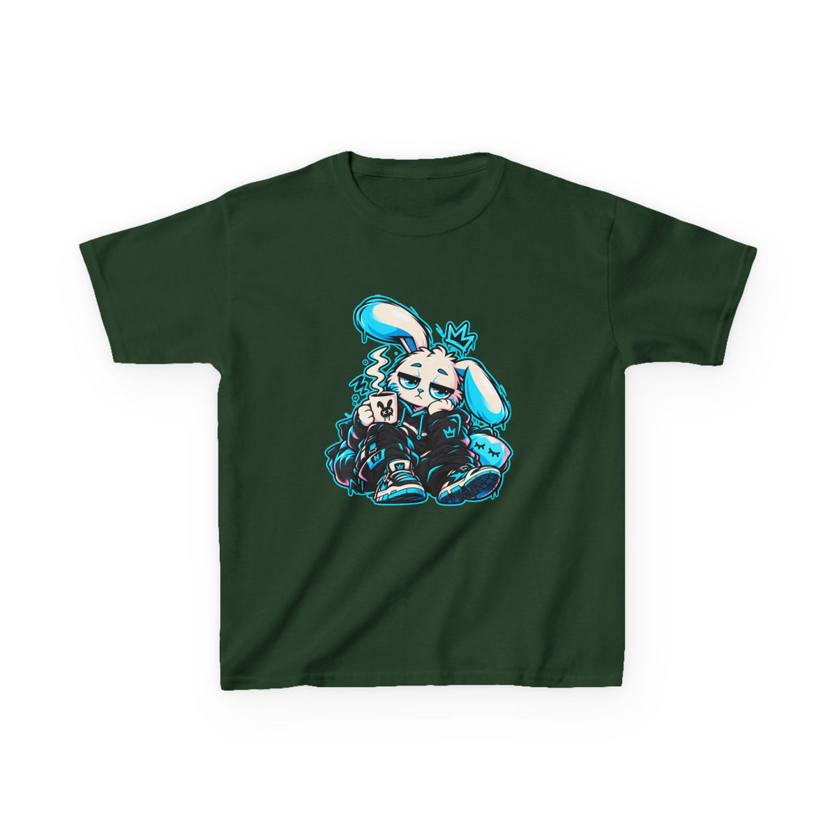 Sleepy Cyber Bunny Kids Coffee Tee in Forest Green