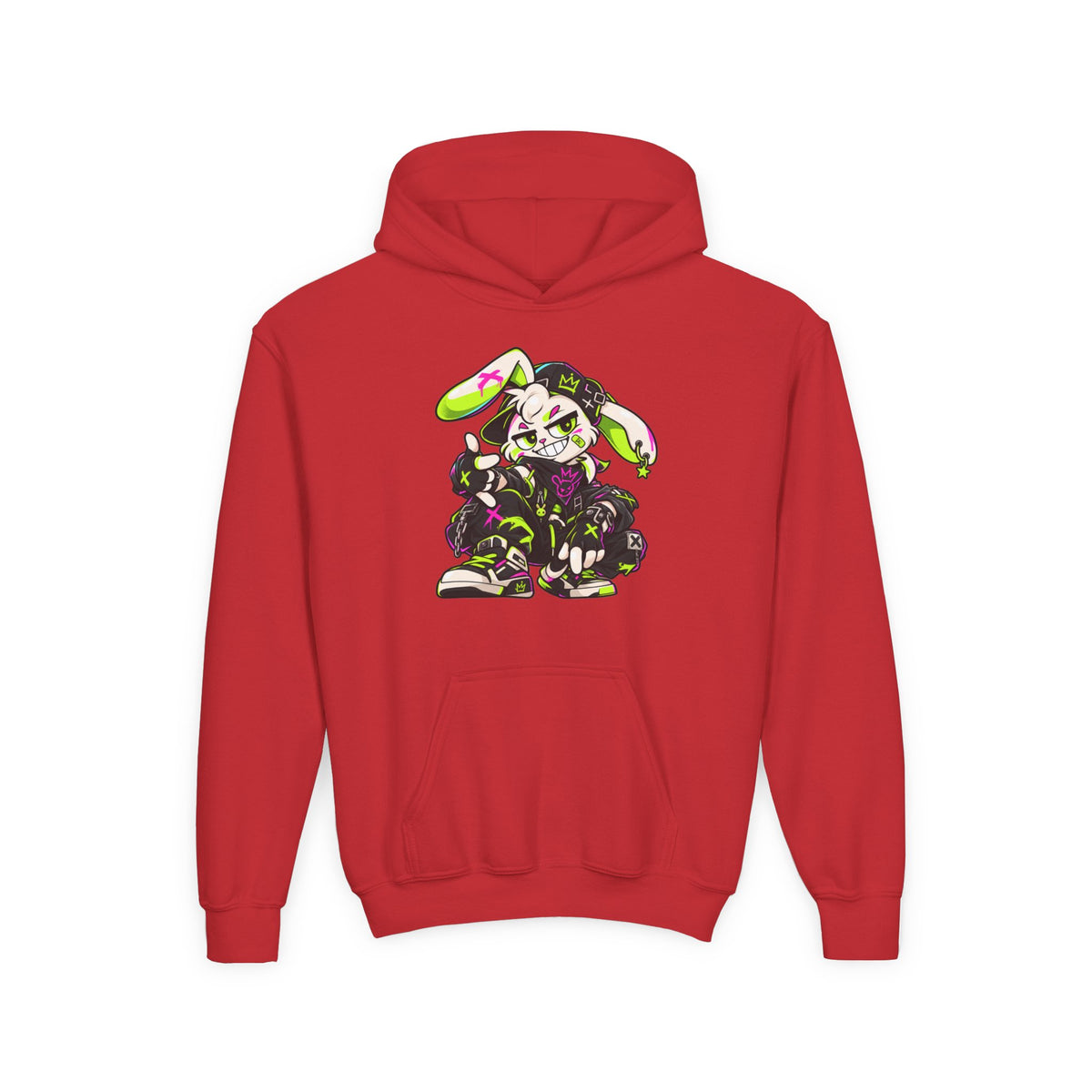Neon Punk Bunny Kids Hoodie in Red