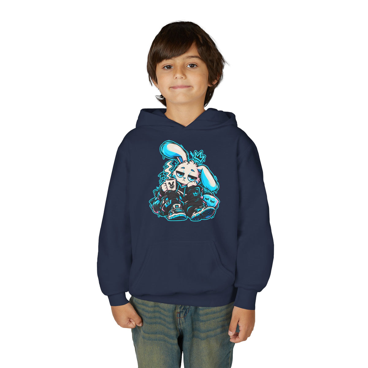 Sleepy Cyber Bunny Kids Coffee Hoodie