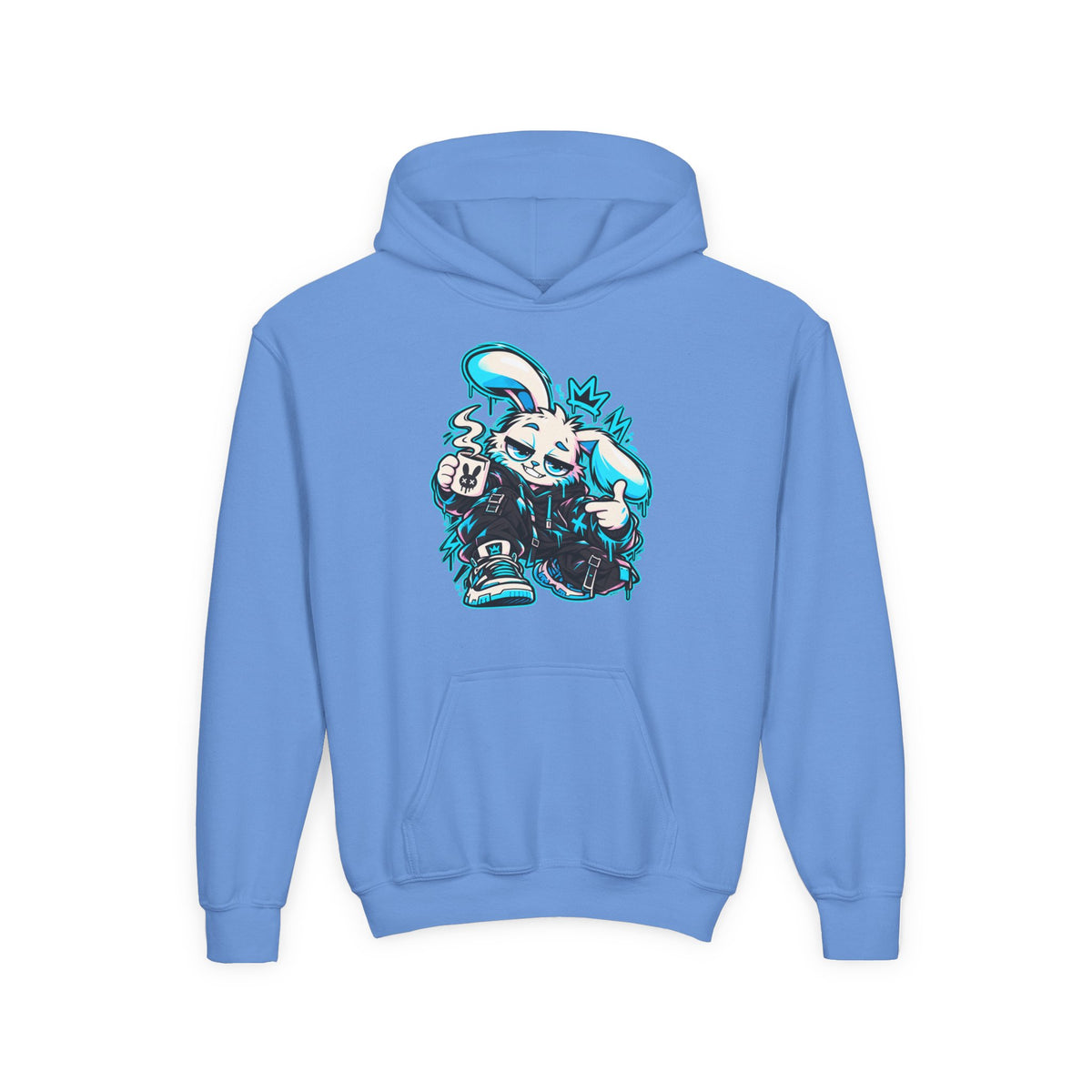 Graffiti Rabbit Coffee Kids Hoodie in Carolina Blue
