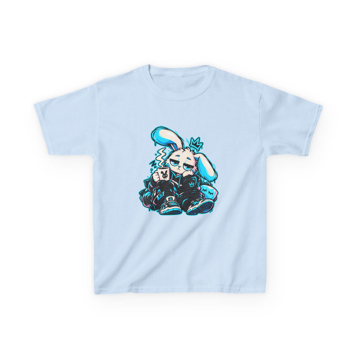 Sleepy Cyber Bunny Kids Coffee Tee in Light Blue