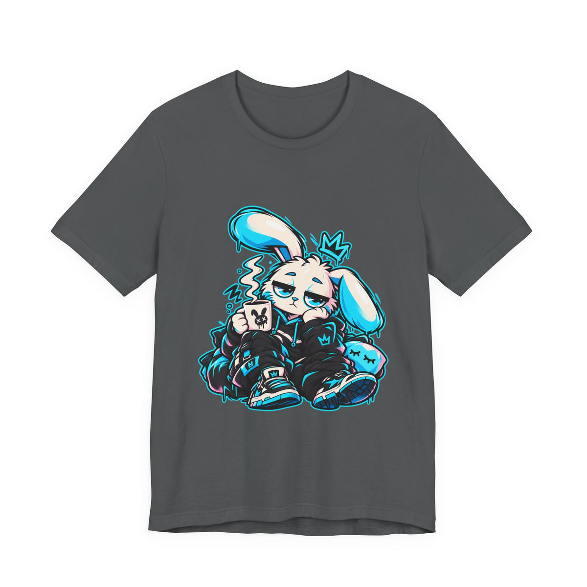 Sleepy Cyber Bunny Coffee Graphic Tee in Asphalt