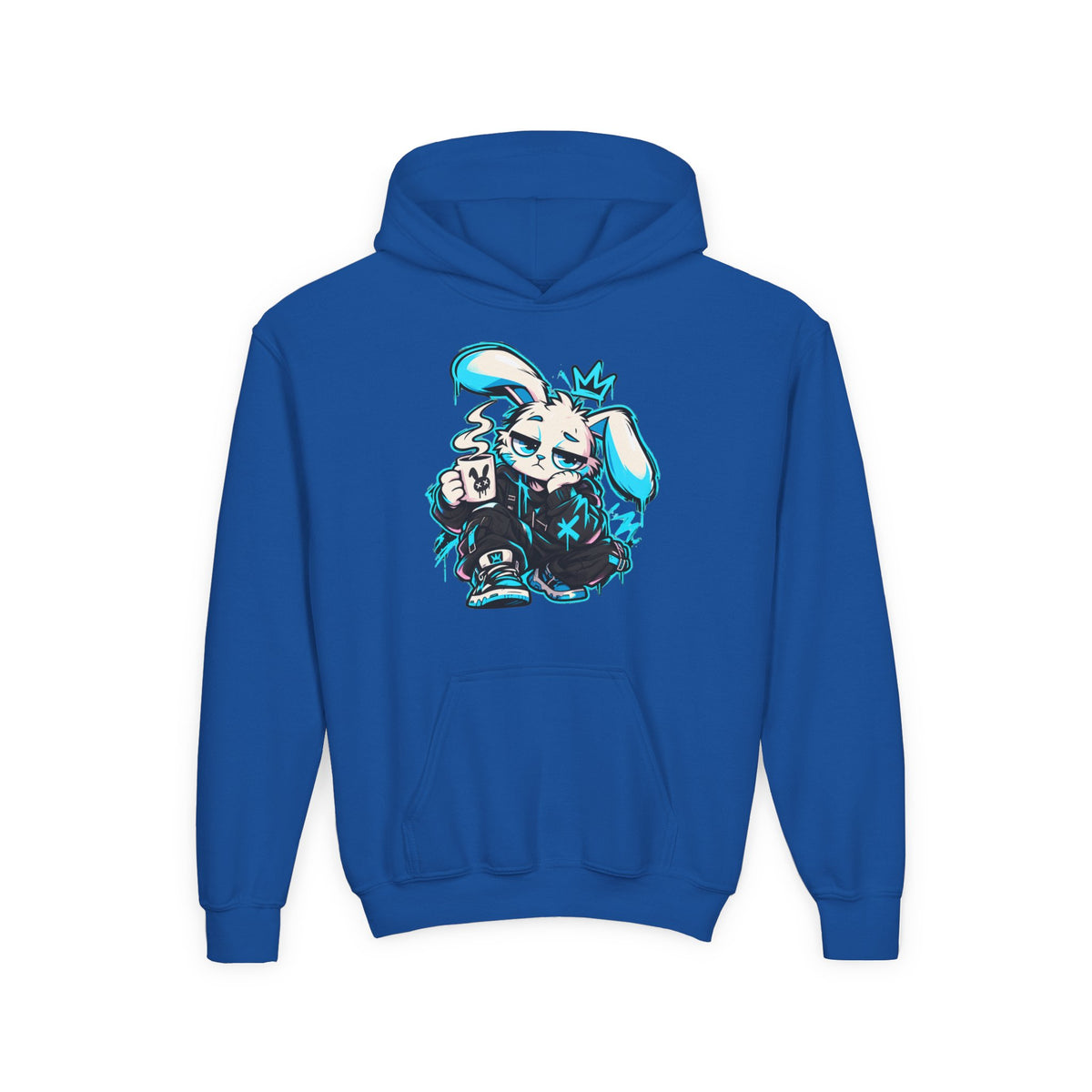 Graffiti Rabbit Coffee Kids Hoodie in Royal
