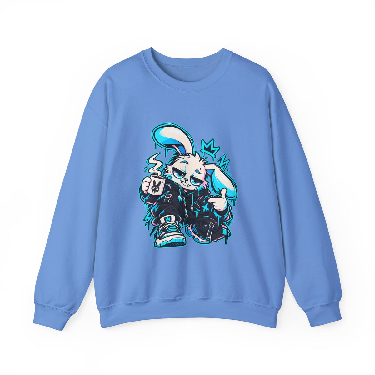 Graffiti Rabbit Coffee Crewneck Sweatshirt in Carolina Blue