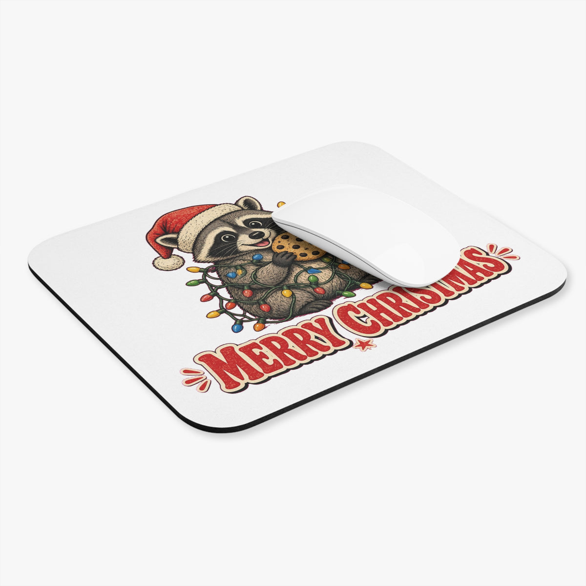 Christmas Raccoon Mouse Pad with Cookie and Lights Design