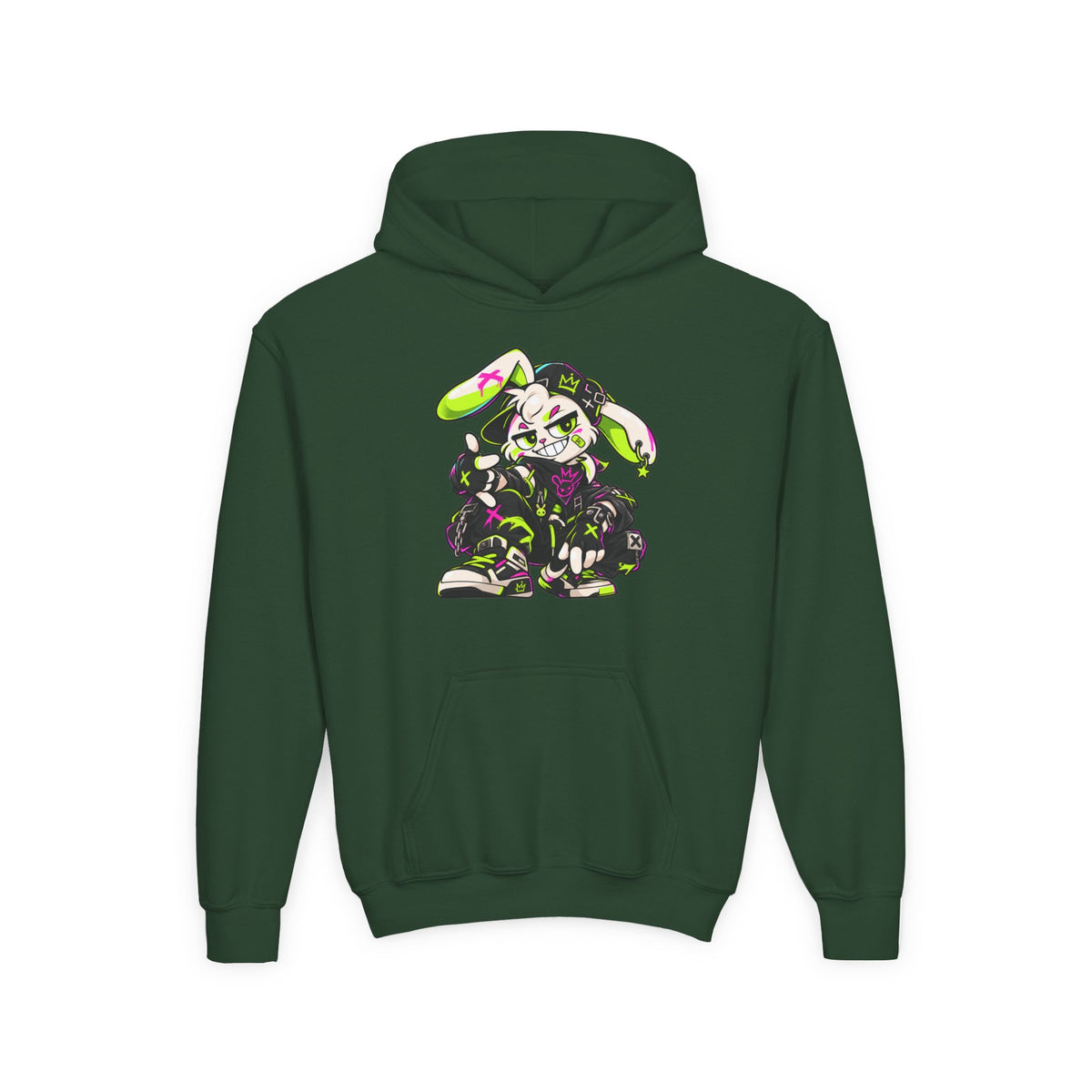 Neon Punk Bunny Kids Hoodie in Forest Green