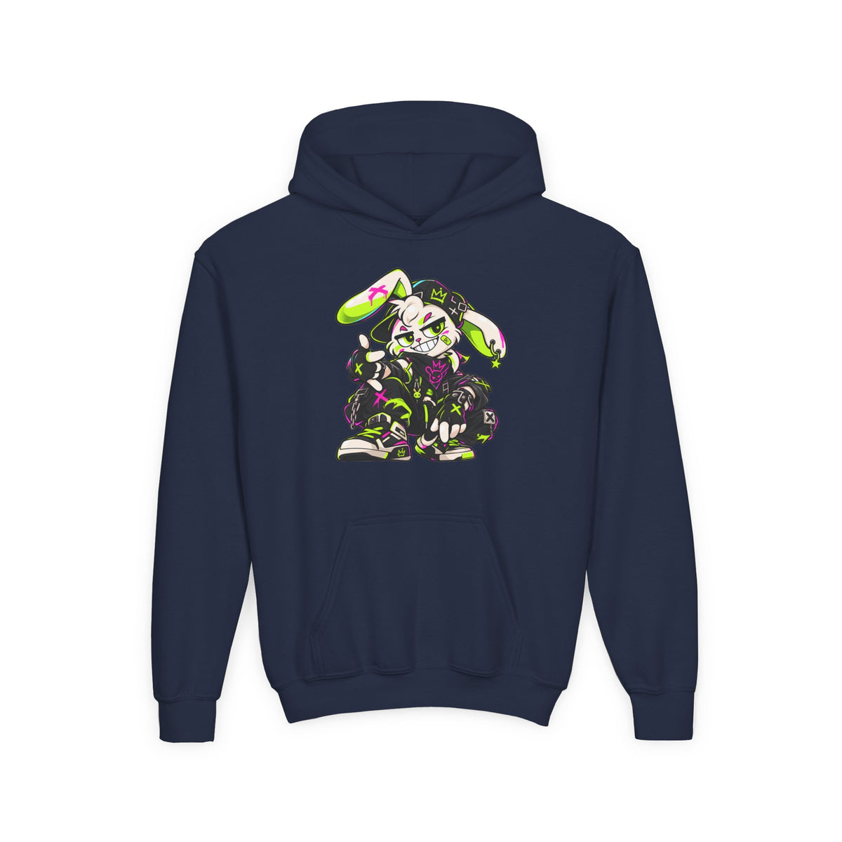 Neon Punk Bunny Kids Hoodie in Navy