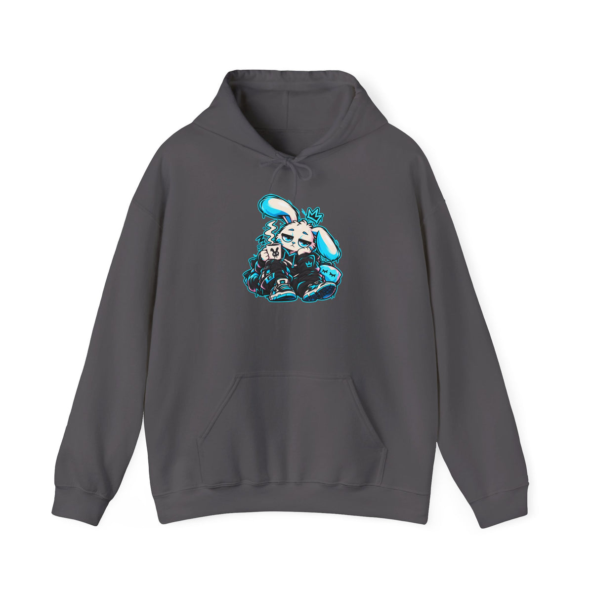 Sleepy Cyber Bunny Coffee Hoodie in Charcoal