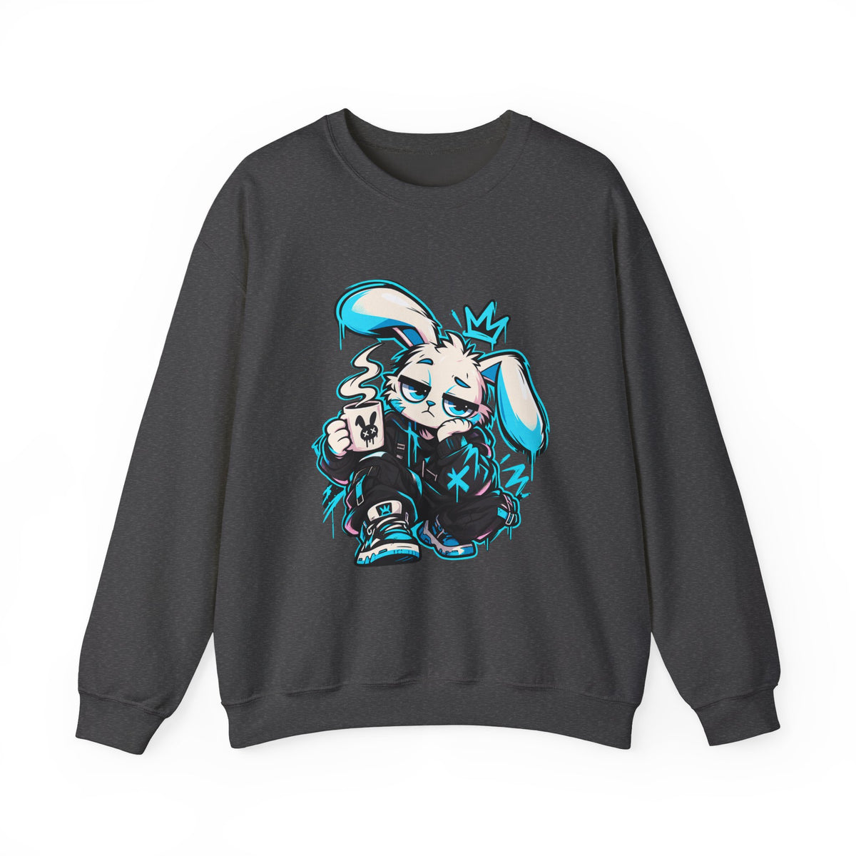 Graffiti Rabbit Coffee Crewneck Sweatshirt in Dark Heather