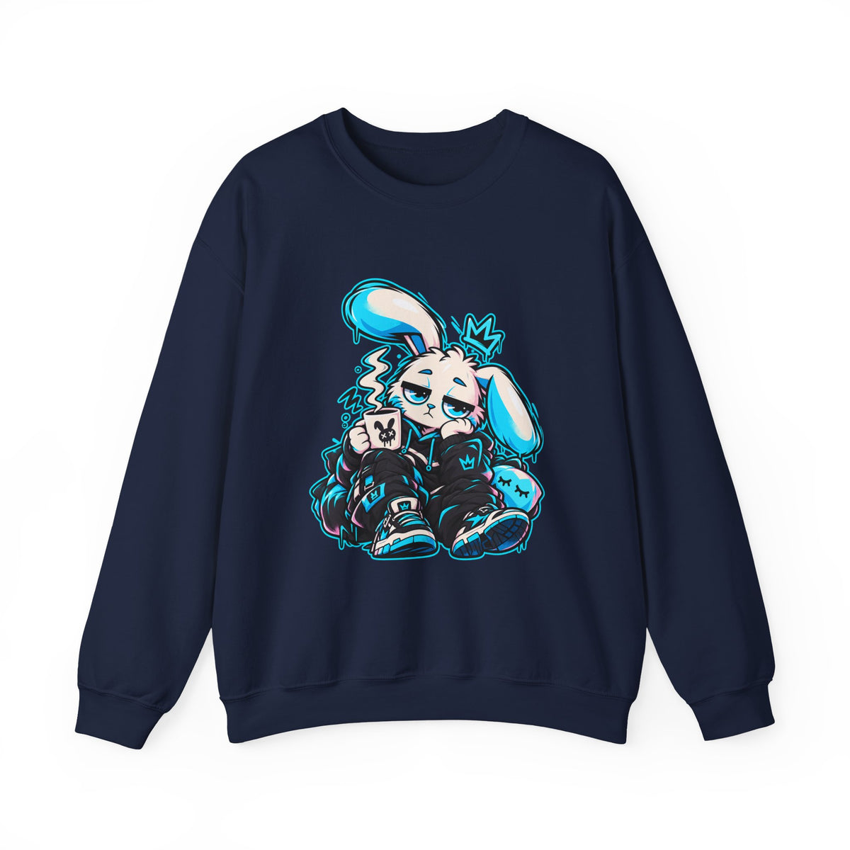 Sleepy Cyber Bunny Coffee Crewneck Sweatshirt in Navy
