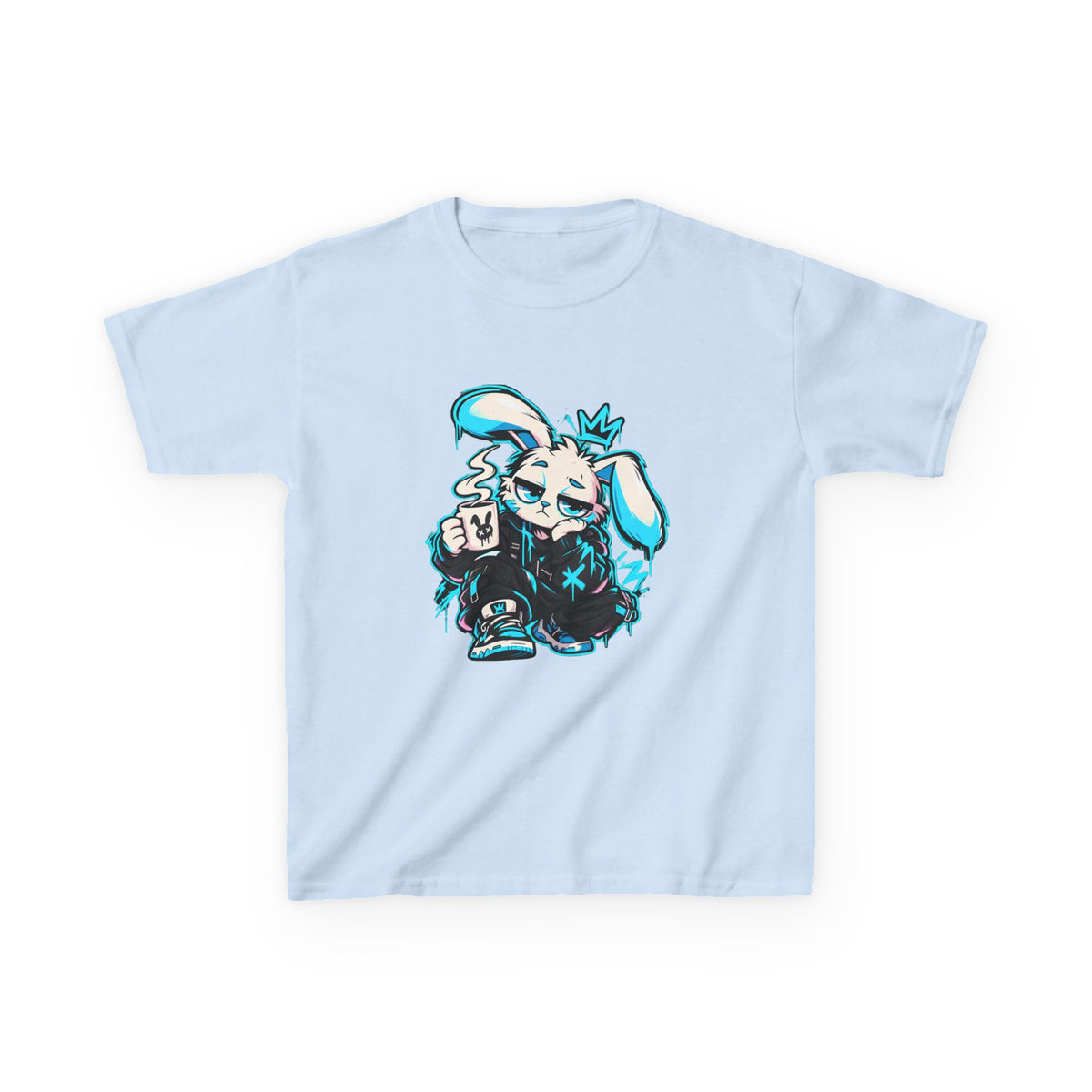 Graffiti Rabbit Coffee Kids Tee in Light Blue