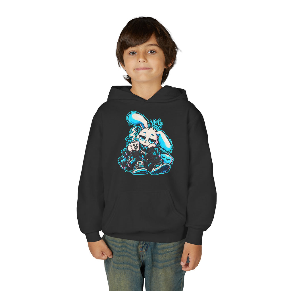 Sleepy Cyber Bunny Kids Coffee Hoodie