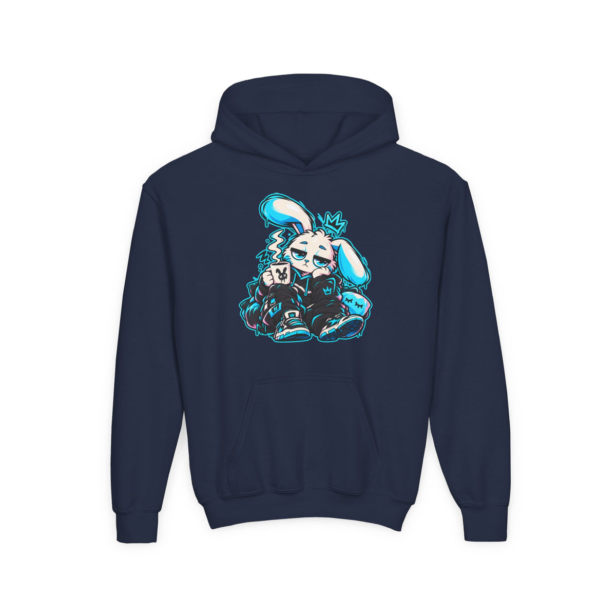 Sleepy Cyber Bunny Kids Coffee Hoodie in Navy