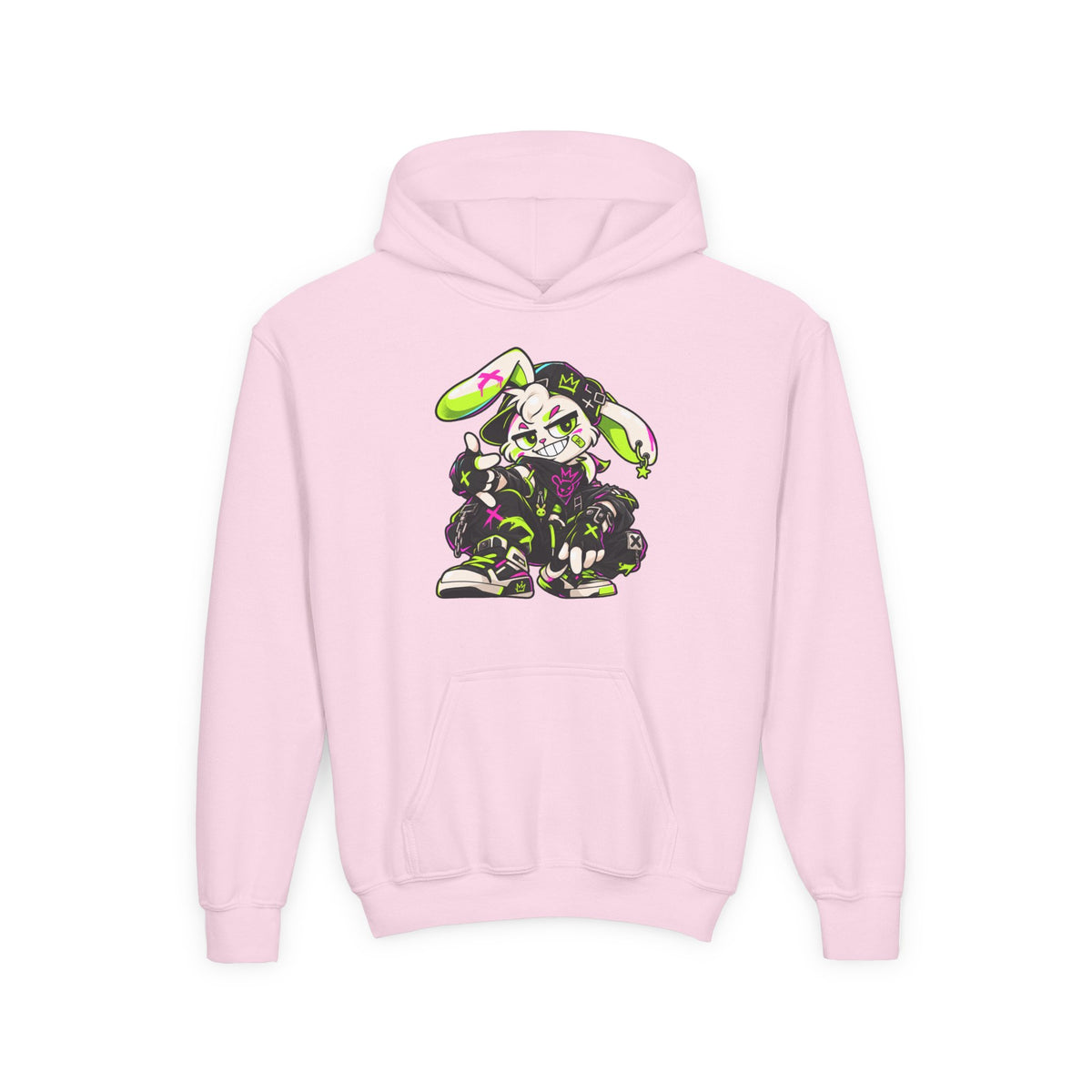 Neon Punk Bunny Kids Hoodie in Light Pink
